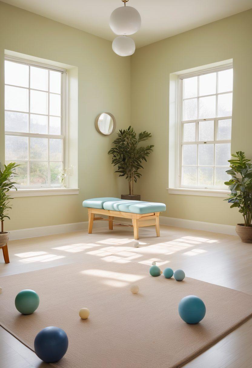 A serene therapy room filled with natural light, showcasing a therapist guiding a patient through exercises using the Bobath approach. Include rehabilitation tools like therapy balls and mats, and illustrate an atmosphere of support and progress. Capture a sense of hope and recovery in their expressions. soft colors. super-realistic. bright and inviting.