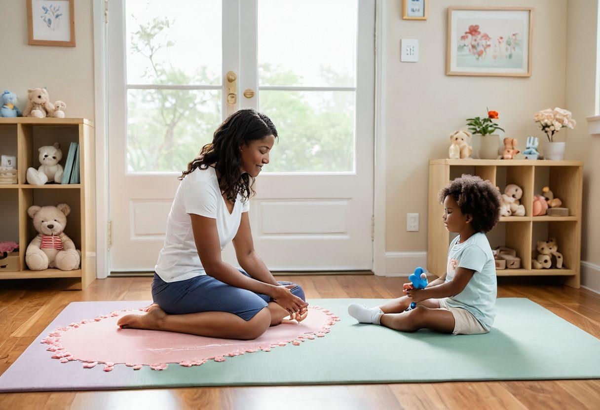 A serene and uplifting therapy session featuring a therapist gently guiding a child with neurodevelopmental challenges through exercises based on the Bobath Concept. The scene includes soft natural lighting, a calming color palette, and supportive environment with toys and mats. Include elements depicting growth and potential, like blooming flowers or symbolic representations of unlocking doors. super-realistic. warm colors. soft focus.