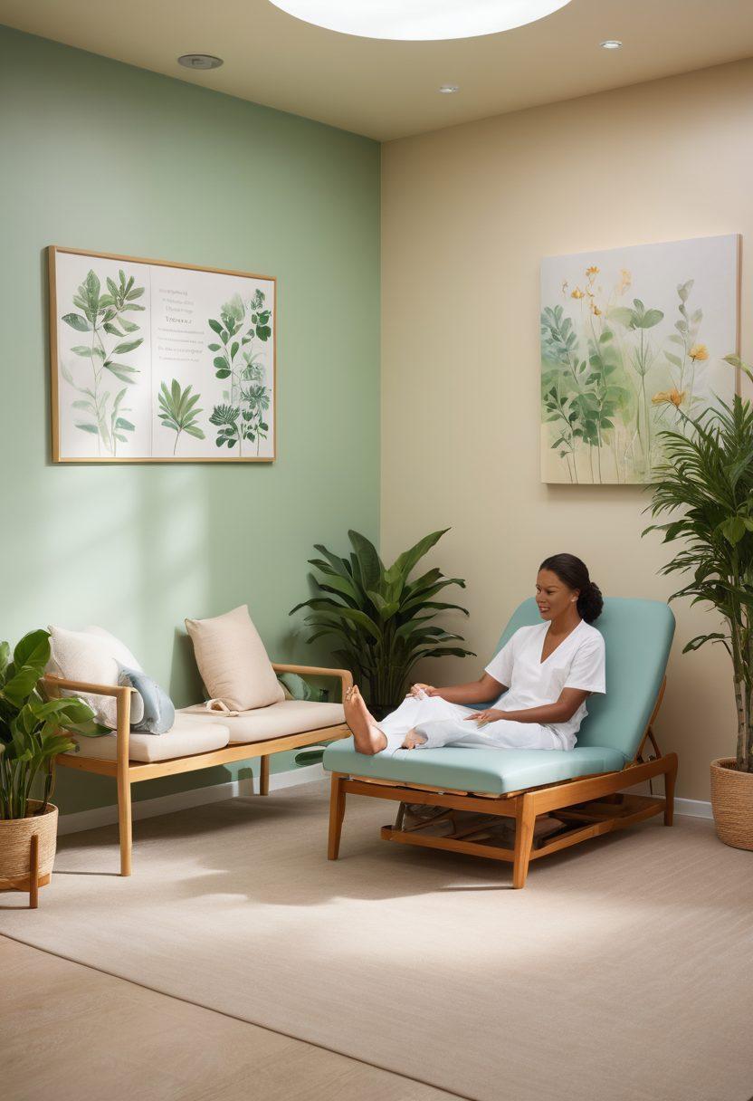 A serene therapy room filled with soft natural light, showcasing various adaptive movement equipment and Bobath therapy techniques. In the foreground, a patient is engaged in gentle motions with a therapist, demonstrating a supportive interaction. Background elements include calming colors, motivational quotes on the wall, and plants for a natural touch. The atmosphere radiates empowerment and resilience. super-realistic. calming colors. vibrant details.
